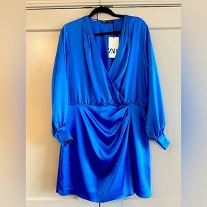 Zara Wrap Front Satin Effect Dress-Electric Blue